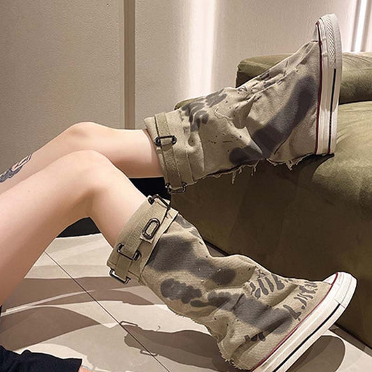 Flache Retro-Stiefel aus Canvas mit mittlerem Schaft für Damen