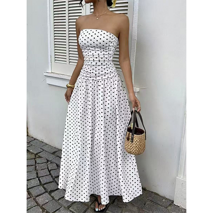 📢📢50% OFF !! 👗 WOMEN'S OFF-SHOULDER POLKA DOT DRESS — Flattering Ruched Waist & Flowing A-Line Evening Wear ✨