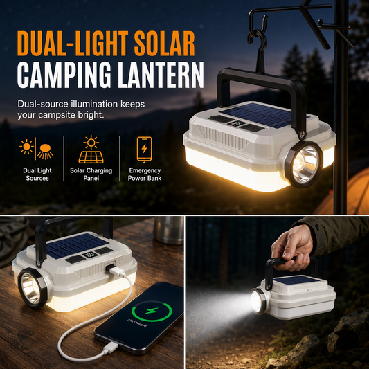 🔦 Dual-Light Solar Camping Lantern – Power Bank, Hanging Hook & Weatherproof 🔋