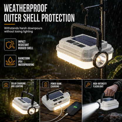 🔦 Dual-Light Solar Camping Lantern – Power Bank, Hanging Hook & Weatherproof 🔋
