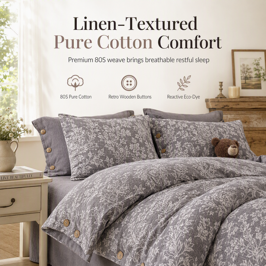 🛏️ Linen-Texture Pure Cotton Bedding Set – Retro Button Closure & Thickened Design ✨