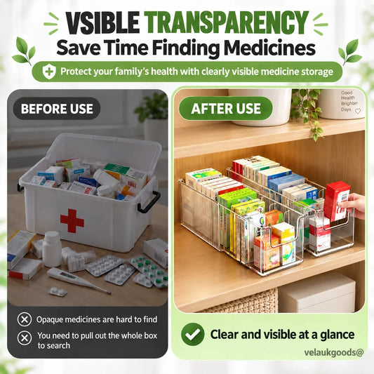 🥳Transparent Extendable Storage Organiser – adjustable 24.5–43cm, clear PET walls let you see every item at a glance. Perfect for medicines, supplements & toiletries – no more rummaging! 🏠✨