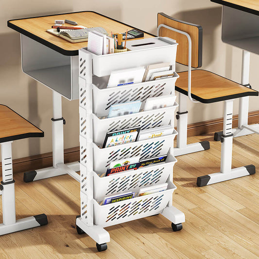 📚 Movable Bookshelf on Wheels: 5/6 Tiers, 45° Angled Shelves, Lockable Casters, Space-Saving Design
