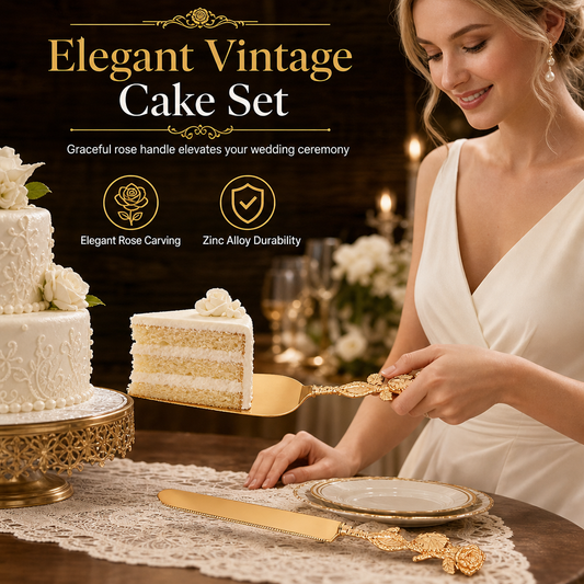 ⏰Exquisite Metal Alloy Cake Knife and Server Set with Rose Design for Weddings and Home Use