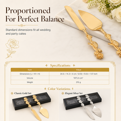 ⏰Exquisite Metal Alloy Cake Knife and Server Set with Rose Design for Weddings and Home Use
