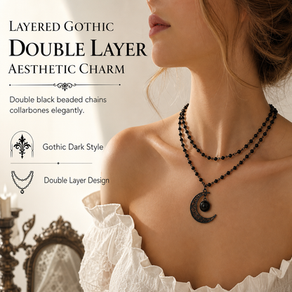⏰ Gothic Dark Crystal Beaded Chain Necklace – Hollow Moon Pendant 🖤🌙