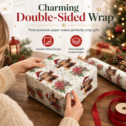 ⏰Christmas Highland Cow and Floral Gift Wrapping Paper Roll 43x500cm Holiday Present Wrap