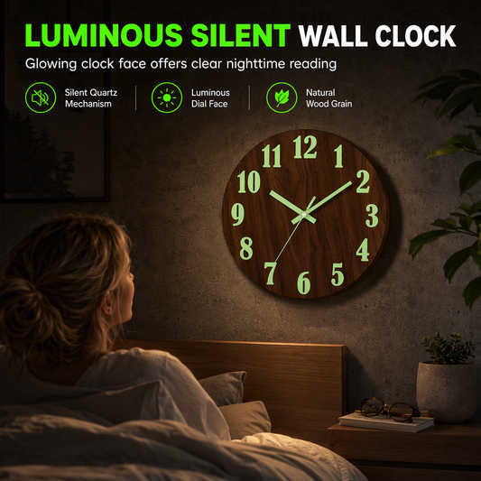 🔥12-Inch Silent Wooden Wall Clock – Luminous Glow & MDF Wood Grain✨