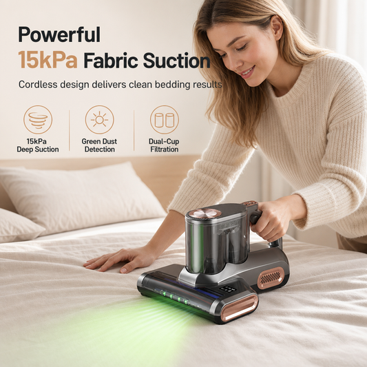 🛏️ Cordless Mattress Mite Remover – Powerful Suction & Green Light Detection ✨