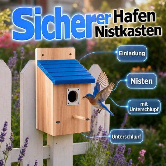 🎁2026 New Arrivals 50% OFF💥Weatherproof Wooden Outdoor Bird House – Solid Thickened Natural Timber with Sky Blue Slanted Roof, Predator-Safe Metal Reinforced Entry Guard & Round Resting Perch – 15×15×22cm for Bluebirds Wrens Finches & Songbirds 🏡