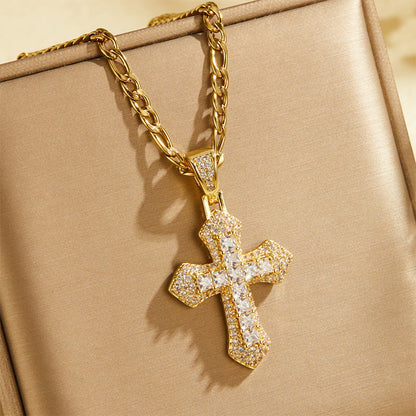💥Hip Hop Double Layer Baguette Rhinestone Cross Brass with Figaro Chain
