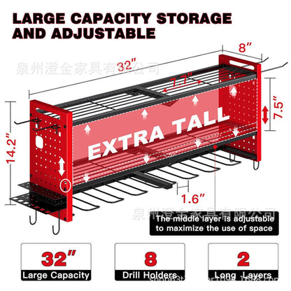 🛠️ Heavy-Duty Wall-Mounted Tool Rack: Steel, Side Pegboards, Vented Mesh, Red