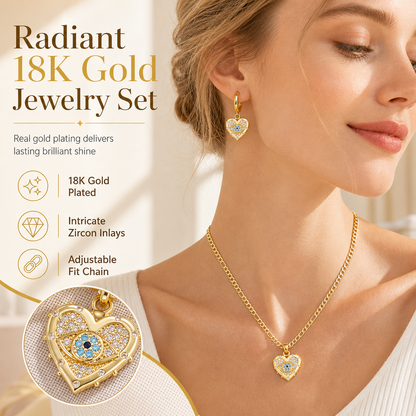 ✨ 18K Gold Plated Evil Eye Heart Necklace & Earrings Jewelry Set