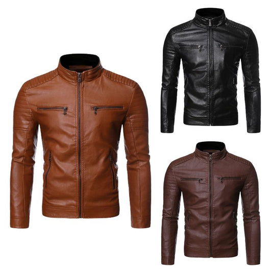 Biker-Lederjacke mit Stehkragen für Herren（Kostenloser Versand）